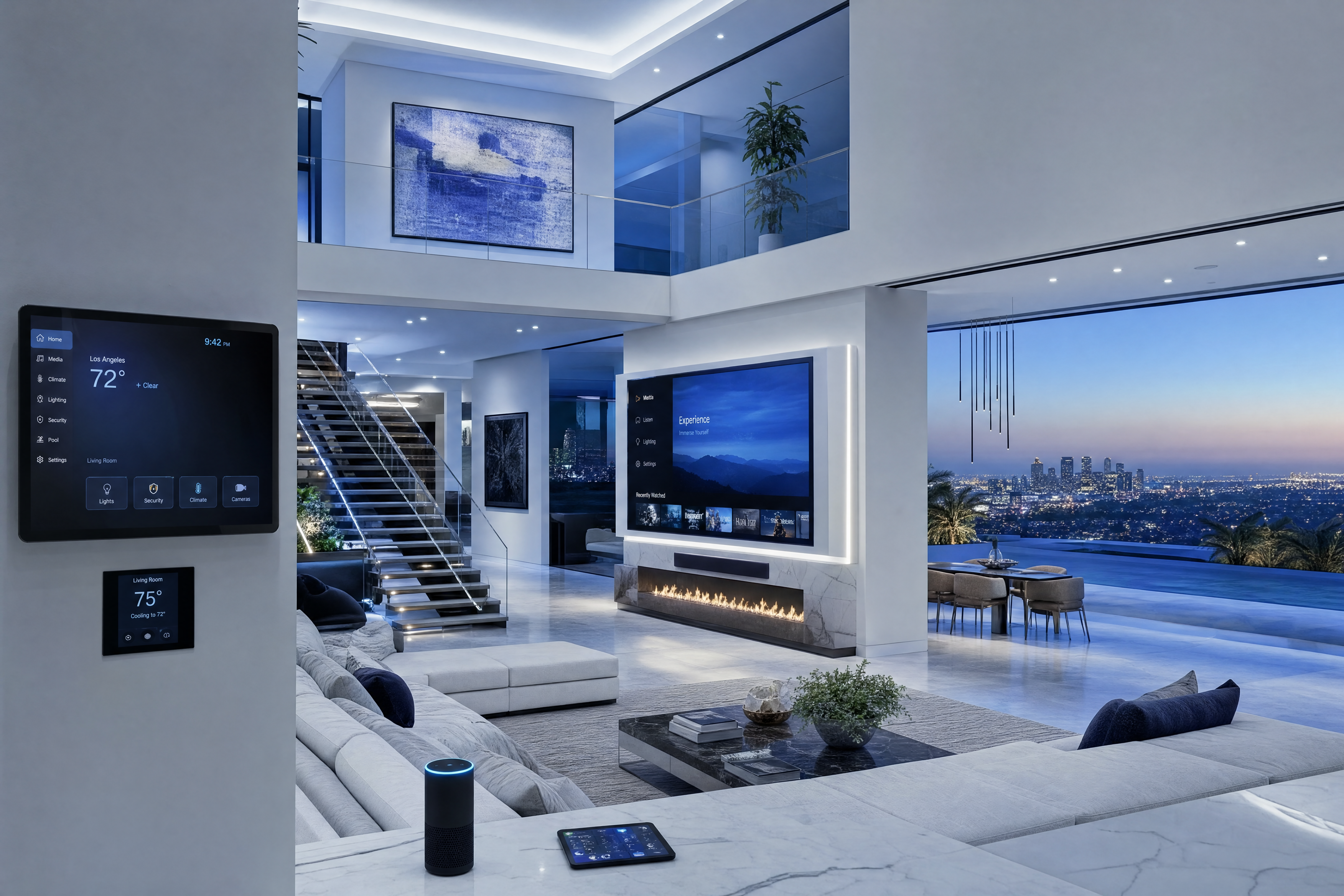 Modern LA smart home living room with Control4 panel, large-format TV, fireplace, and city views at dusk.