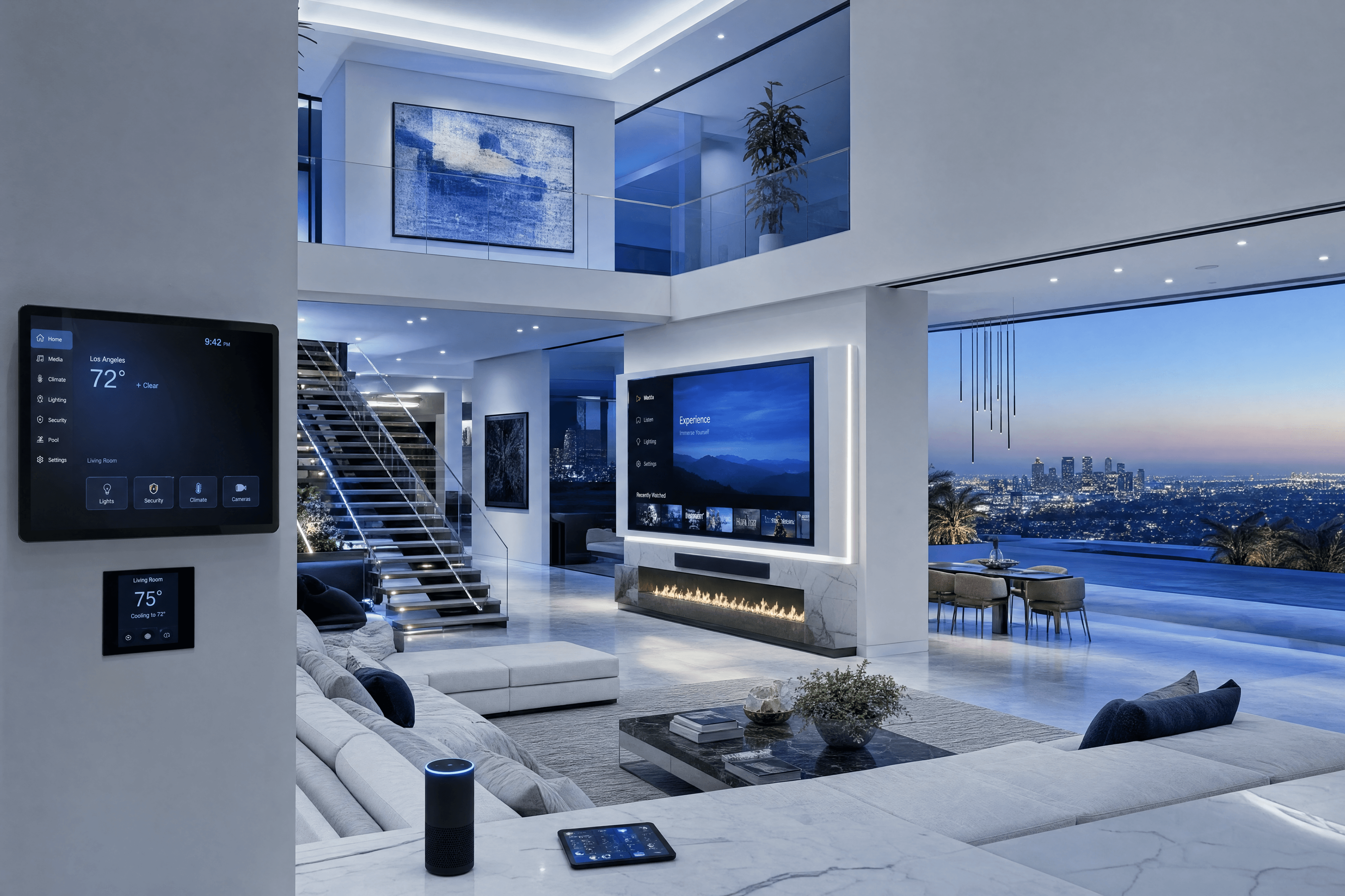 Modern LA smart home living room with Control4 panel, large-format TV, fireplace, and city views at dusk.